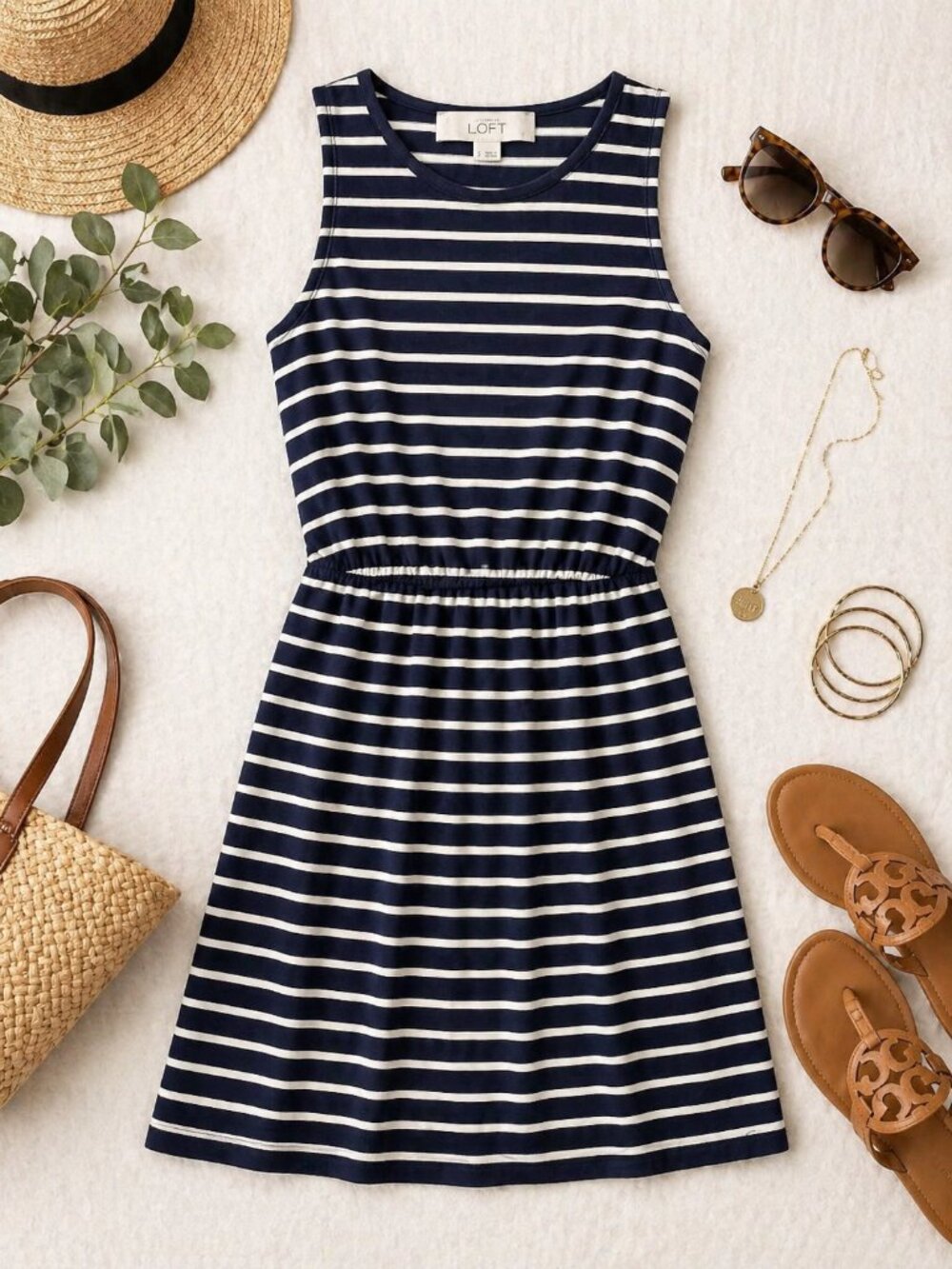 LOFT Nautical Navy & White Striped Sleeveless Dress Pockets Size Small